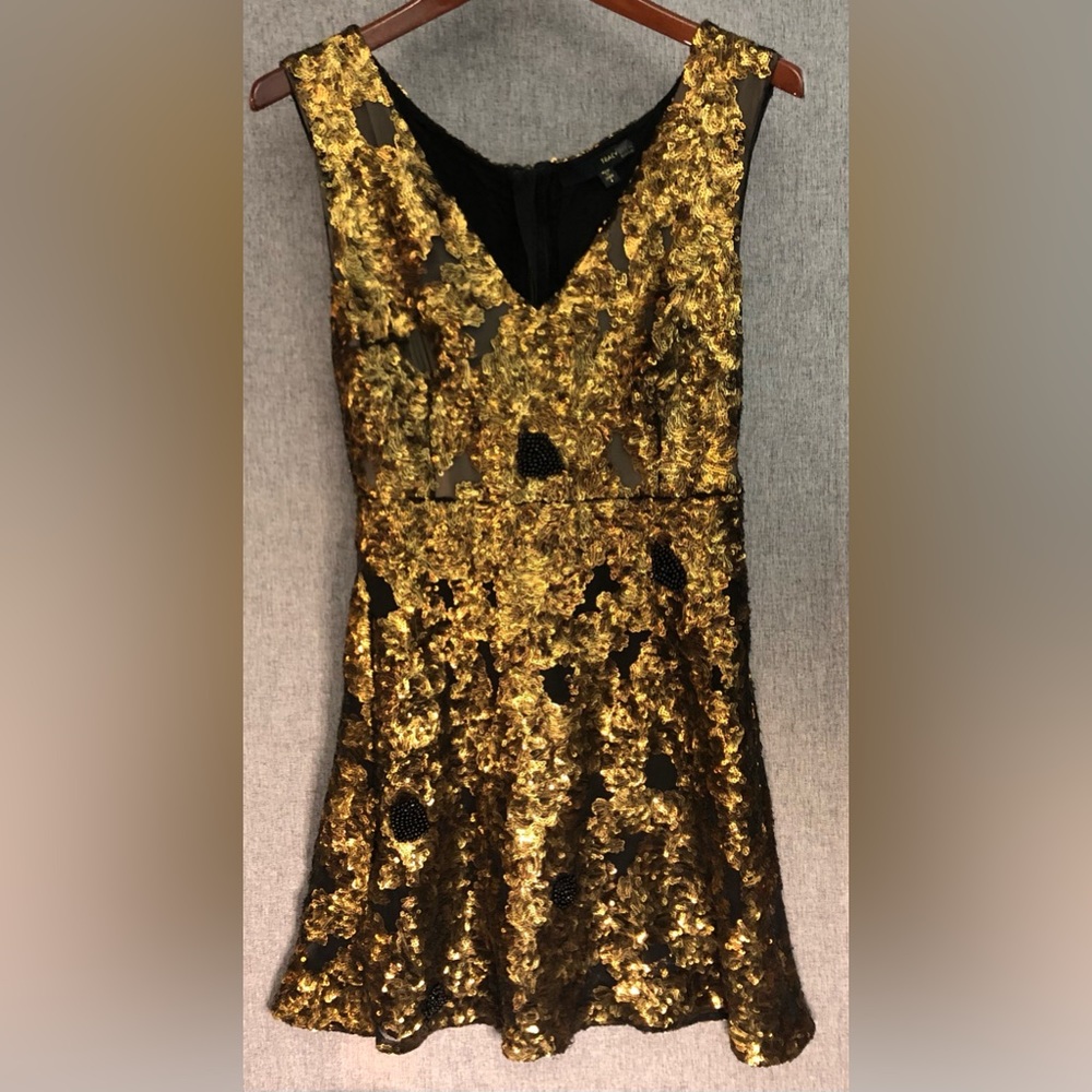 Tracy Reese Black Label Gatsby gold + black Sequin mini sleeveless vneck dress